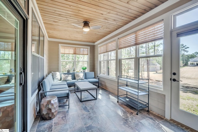 sunroom / solarium with wood ceiling and a ceiling fan