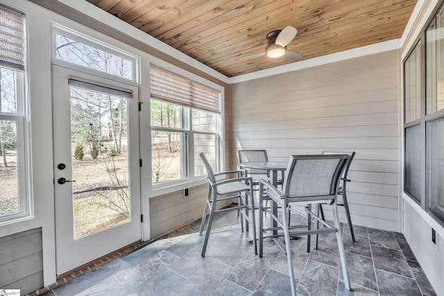 sunroom with ceiling fan and wood ceiling