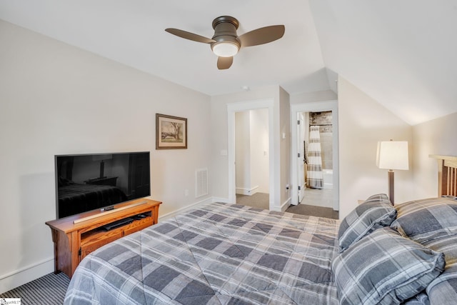 bedroom featuring light carpet, baseboards, visible vents, a ceiling fan, and lofted ceiling