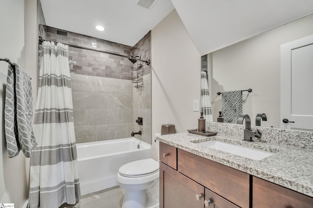 full bathroom featuring recessed lighting, visible vents, toilet, shower / bath combo, and vanity