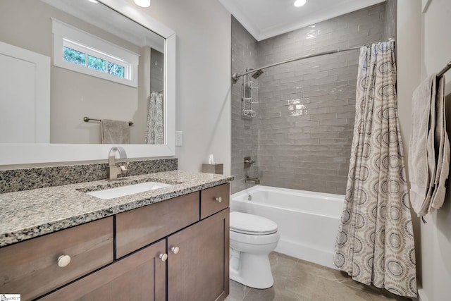 full bath featuring toilet, shower / tub combo, and vanity