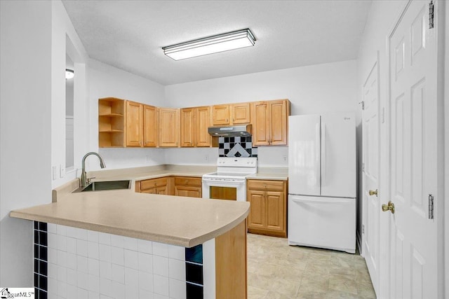 kitchen with light countertops, a sink, white appliances, a peninsula, and under cabinet range hood