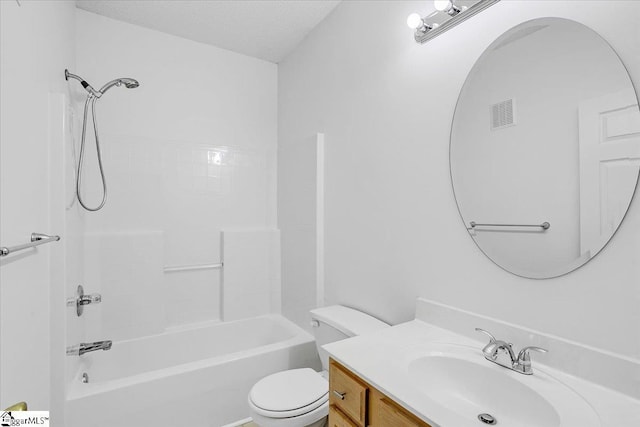 bathroom featuring visible vents, toilet, bathtub / shower combination, a textured ceiling, and vanity