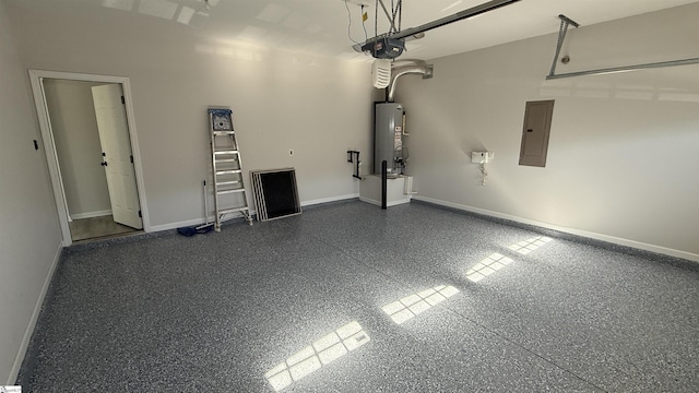 garage featuring water heater, a garage door opener, electric panel, and baseboards