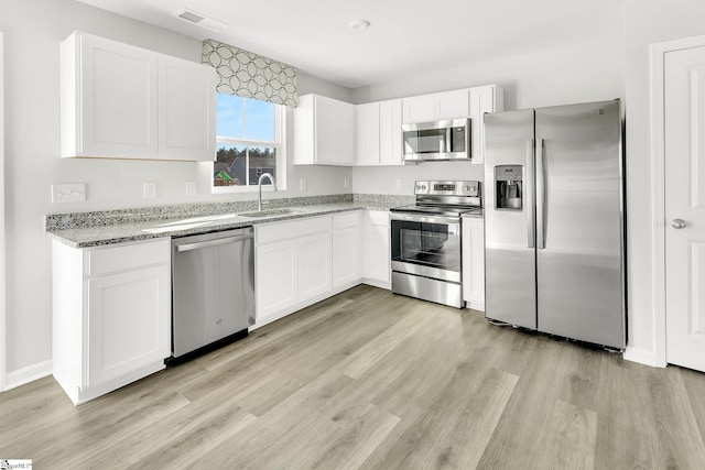 kitchen featuring light stone counters, visible vents, a sink, stainless steel appliances, and white cabinetry