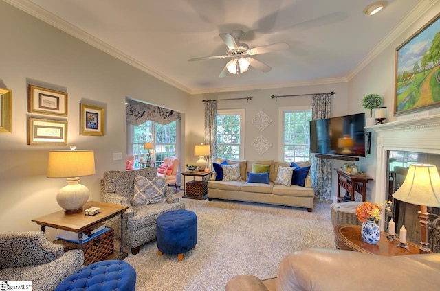 living room with carpet floors, a healthy amount of sunlight, and crown molding