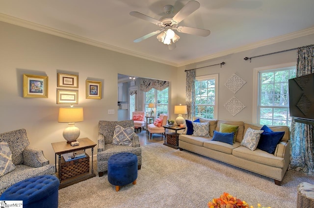 living area with carpet floors, ornamental molding, and a ceiling fan