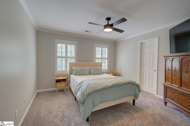 bedroom featuring crown molding, visible vents, light carpet, ceiling fan, and baseboards