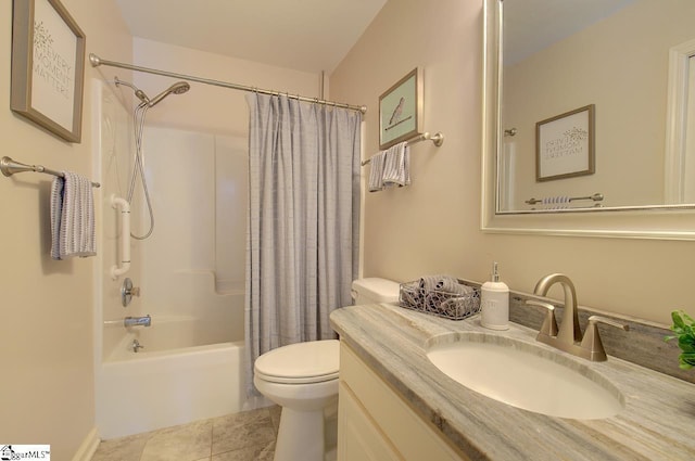 full bathroom with toilet, shower / tub combo, tile patterned floors, and vanity