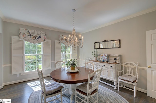 dining area with crown molding, dark wood-style flooring, and baseboards