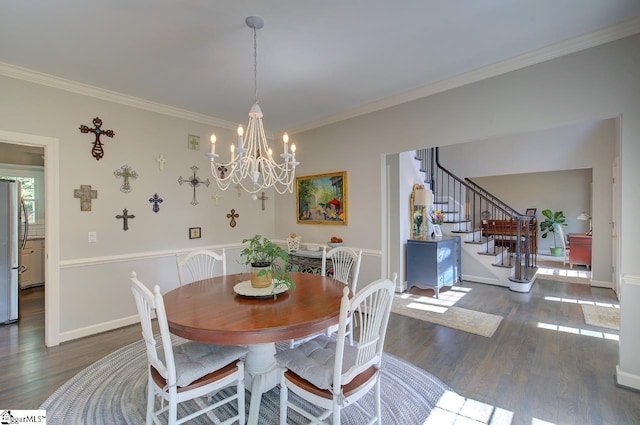 dining space with baseboards, dark wood-style flooring, stairs, crown molding, and a notable chandelier