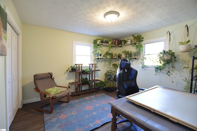 office space featuring a textured ceiling, baseboards, dark wood-type flooring, and a wealth of natural light