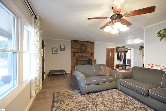 living area featuring baseboards, ceiling fan, wood finished floors, crown molding, and a fireplace