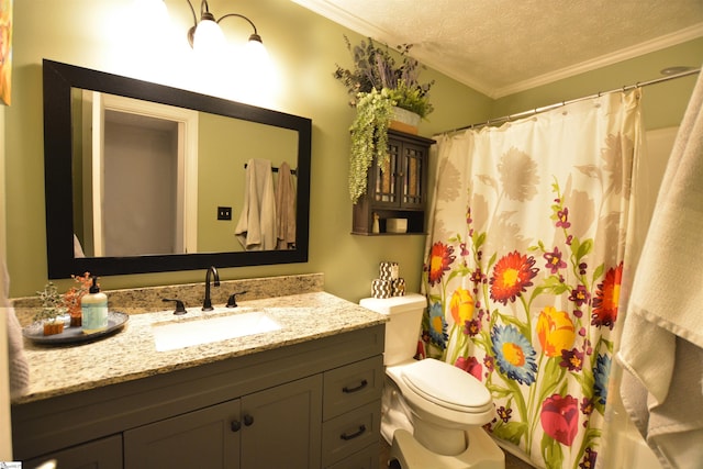 bathroom featuring crown molding, a textured ceiling, toilet, and vanity