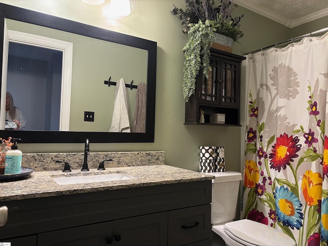 bathroom with crown molding, vanity, toilet, and a textured ceiling