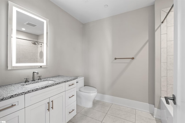 bathroom with visible vents, baseboards, toilet, tile patterned flooring, and vanity