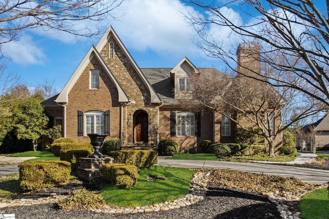 view of front of property with stone siding, brick siding, and a chimney