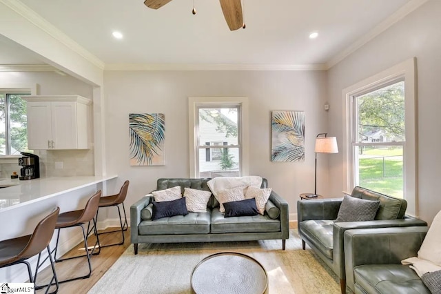 living area with ornamental molding, a wealth of natural light, and light wood-style flooring