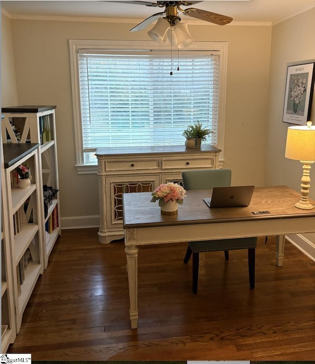 dining area featuring ornamental molding, dark wood finished floors, a ceiling fan, and baseboards