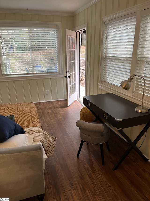 office with crown molding and wood finished floors