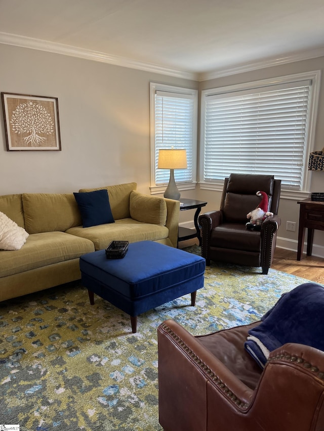 living room featuring ornamental molding, plenty of natural light, and wood finished floors