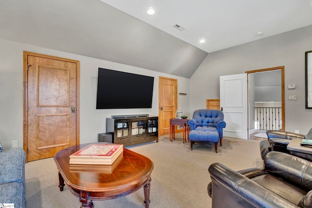 living room with vaulted ceiling, carpet floors, visible vents, and recessed lighting