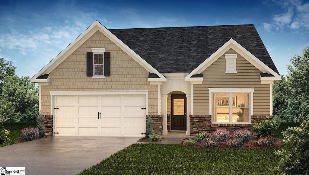 craftsman-style home with a garage, stone siding, concrete driveway, and roof with shingles