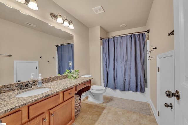 bathroom with tile patterned flooring, toilet, vanity, visible vents, and shower / bath combo with shower curtain