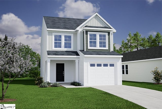 view of front of house featuring a garage, concrete driveway, a front lawn, and board and batten siding