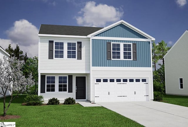 view of front of property featuring a garage, a front yard, concrete driveway, and board and batten siding