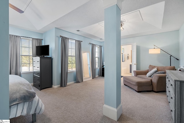 bedroom with ensuite bathroom, light colored carpet, visible vents, baseboards, and a raised ceiling