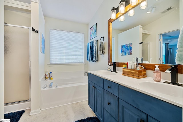 full bathroom with a stall shower, visible vents, a sink, and a garden tub