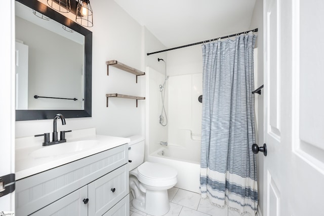 full bathroom featuring toilet, shower / tub combo, and vanity