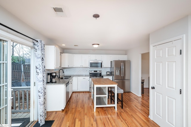 kitchen featuring visible vents, decorative backsplash, white cabinets, appliances with stainless steel finishes, and a sink