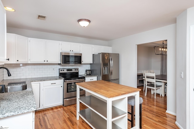 kitchen featuring light stone counters, backsplash, appliances with stainless steel finishes, white cabinetry, and a sink