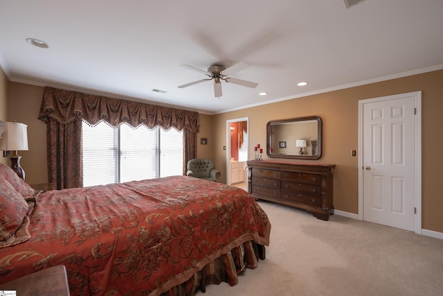 bedroom featuring ornamental molding, light colored carpet, visible vents, and baseboards