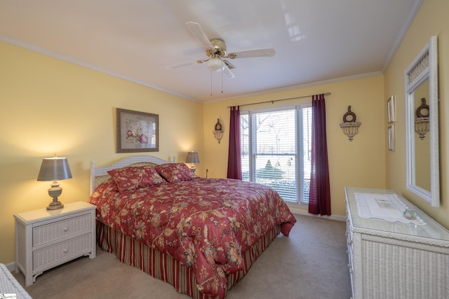 bedroom with ceiling fan, light colored carpet, and crown molding