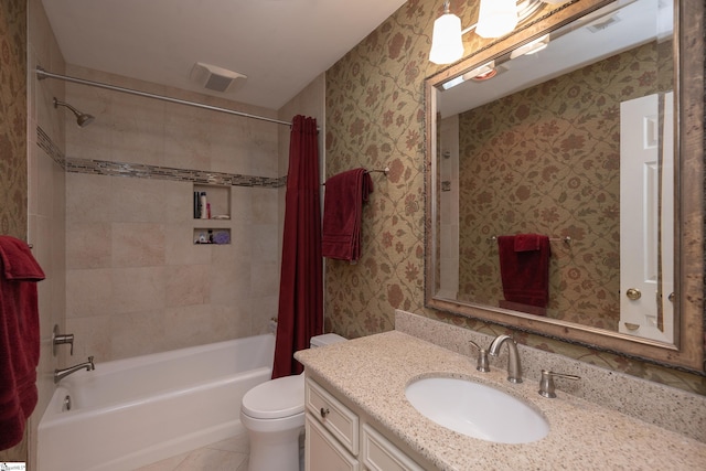 bathroom with wallpapered walls, shower / bath combo, visible vents, toilet, and vanity