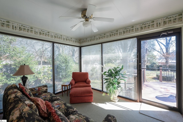 sunroom / solarium featuring a healthy amount of sunlight and ceiling fan