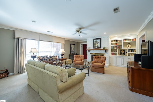 living room with light carpet, a brick fireplace, visible vents, and crown molding