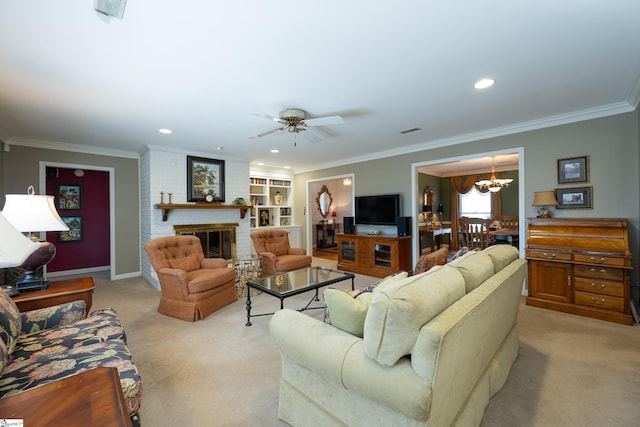 living room featuring ornamental molding, a fireplace, visible vents, and light colored carpet