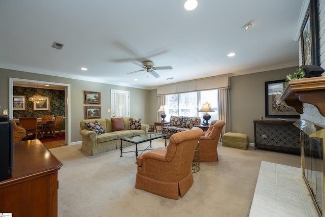 living area featuring recessed lighting, baseboards, crown molding, and light colored carpet