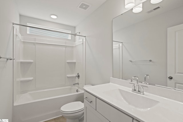 bathroom with visible vents, vanity, toilet, and tub / shower combination