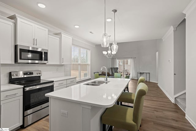 kitchen with stainless steel appliances, a kitchen island with sink, light countertops, and a sink