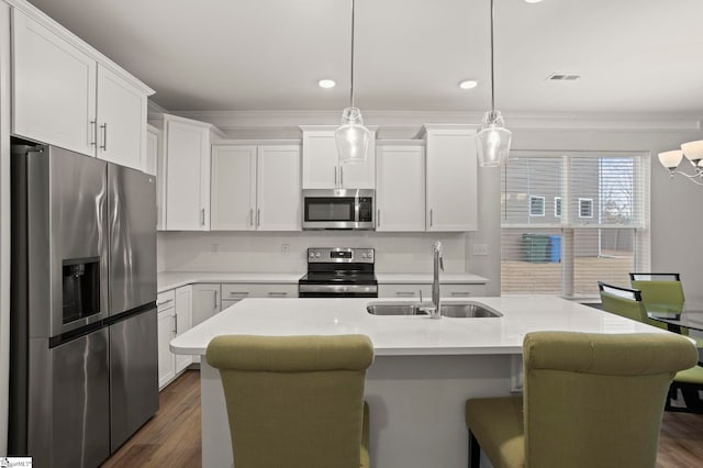 kitchen with visible vents, stainless steel appliances, white cabinetry, pendant lighting, and a sink