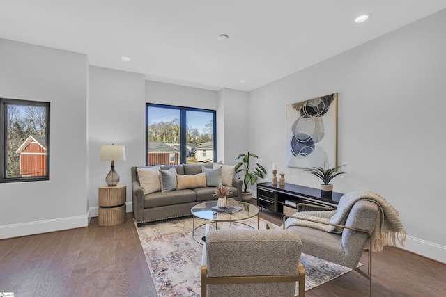 living room featuring baseboards, wood finished floors, and recessed lighting