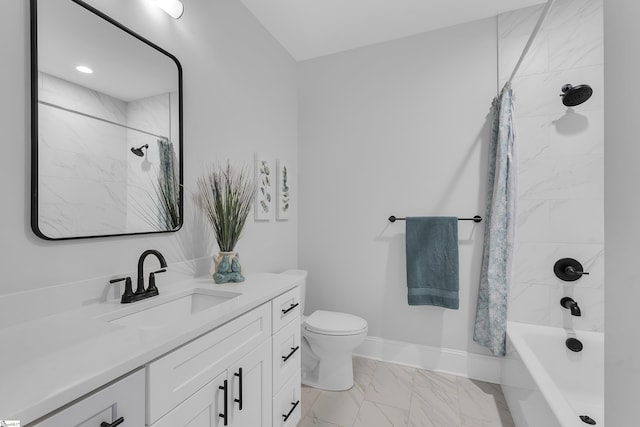 bathroom with toilet, vanity, baseboards, marble finish floor, and shower / bathtub combination with curtain