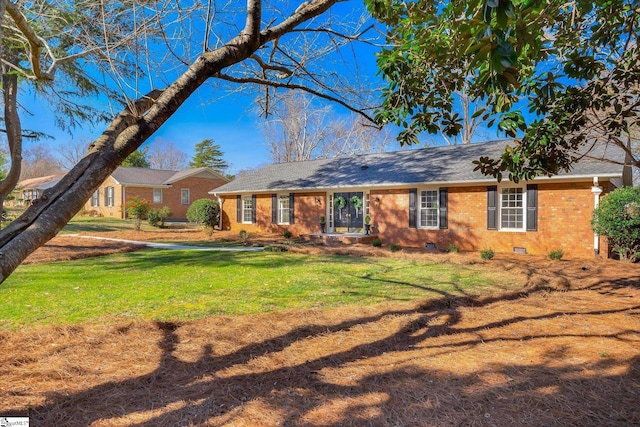 single story home with crawl space, brick siding, and a front lawn