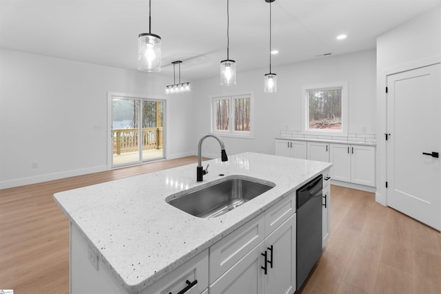 kitchen with pendant lighting, stainless steel dishwasher, white cabinets, a kitchen island with sink, and a sink