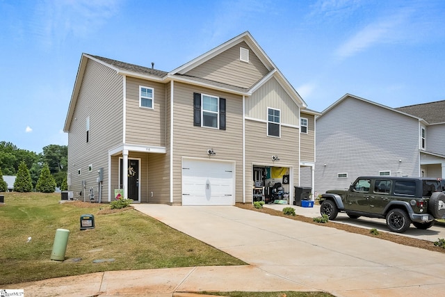 view of front of house featuring concrete driveway, a front lawn, and an attached garage